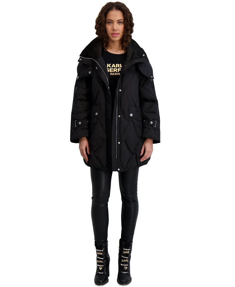 Karl Lagerfeld Paris Women's Hooded A-Line Puffer Coat