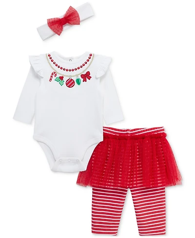 Little Me Baby Girls Necklace-Embroidered Holiday Bodysuit Headband & Skirted Leggings, 3 Piece Set