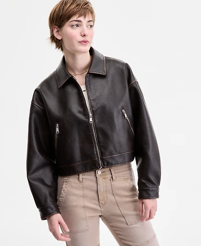 Sebby Women's Faux-Leather Vintage-Wash Bomber Jacket