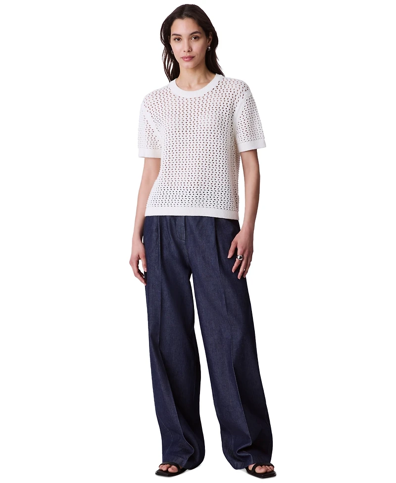 Calvin Klein Jeans Women's Cotton Open-Stitch Short-Sleeve Sweater