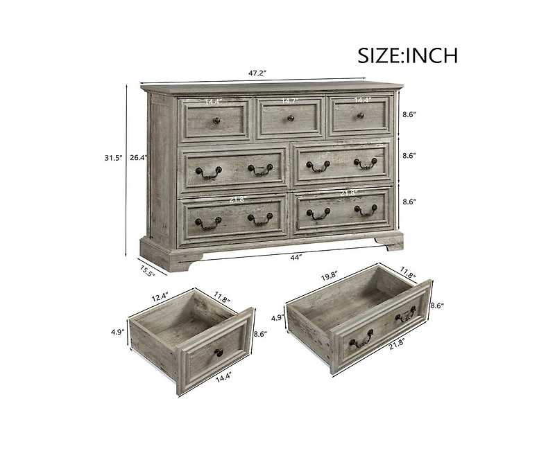 Farmhouse 7 Drawers Dresser Bathroom Cabinet for Rustic Chest of with Natural Texture Vintage Design Storage Organizer