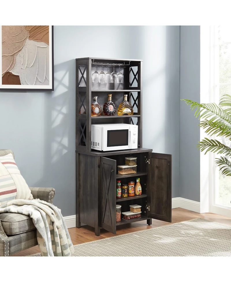 Wine Bar Cabinet with for Wine Glass Rack, Wood Frame Side Home Source Bar Cabinet and Hollow out Barn Design Wood Cabinet L26.75''W15.13''H66.1'' Cha