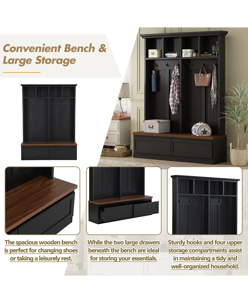 Farmhouse 4-in-1 Hall Tree with Wood Grain Bench, Mudroom Versatile Coat Rack with 2 Large Drawers, Large Entrance Organizer with 6 Black Hooks for Ha