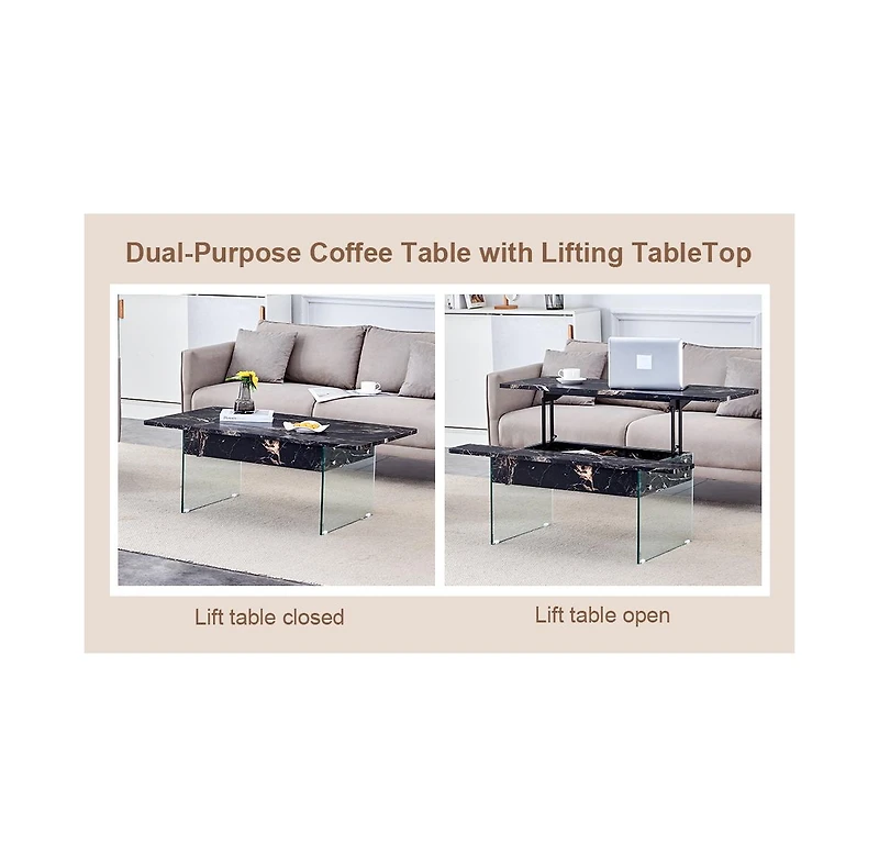 Streamdale Multifunctional Lift Top Coffee Table with Tempered Glass Legs in Black Marble Pattern