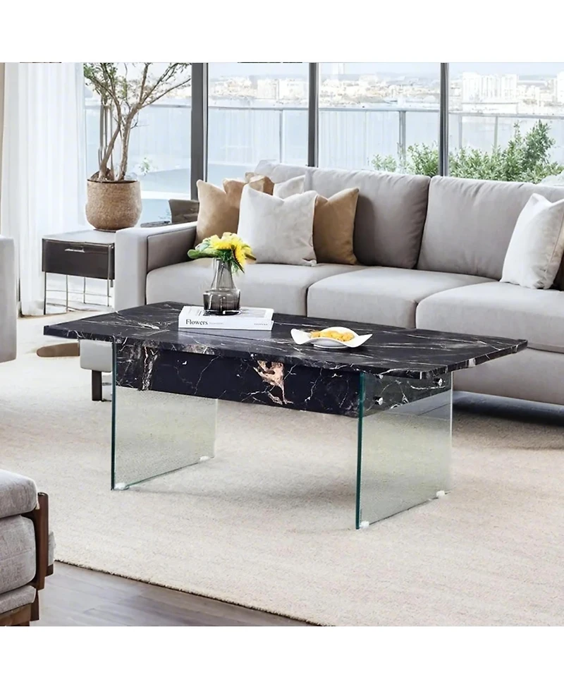 Streamdale Multifunctional Lift Top Coffee Table with Tempered Glass Legs in Black Marble Pattern