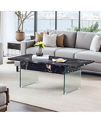 Streamdale Multifunctional Lift Top Coffee Table with Tempered Glass Legs in Black Marble Pattern