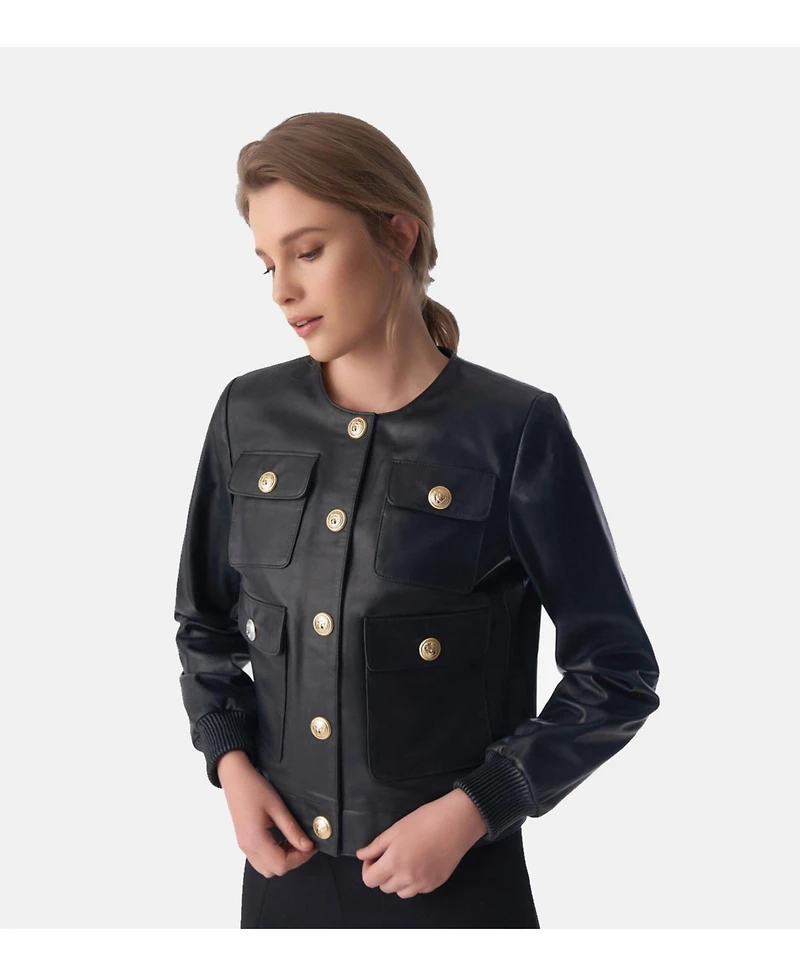Furniq Uk Women's Collarless Stunning Studs Closure Leather Jacket, Black