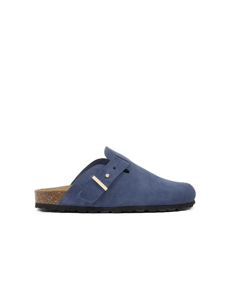 Stud strap clog with modern buckle.