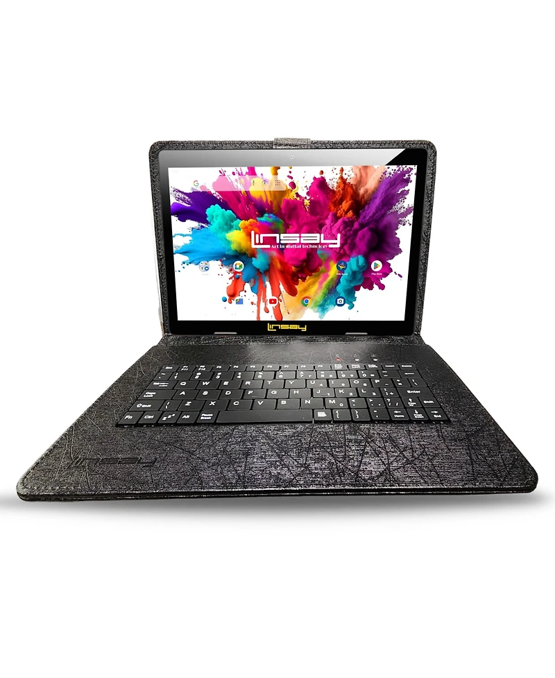 Linsay New 10.1" Tablet Octa Core 128GB Newest Android 14 Premium Bundle with Deluxe Black Leather Keyboard Case Briefcase and Pen Stylus