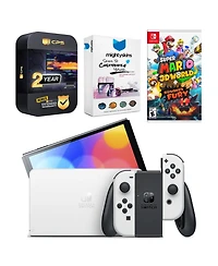 Nintendo Switch White Oled Console with Super Mario 3D World + Bowser s Fury, MightySkins Console and Controller Skin Voucher, and 2 Year Cps Extended