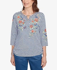 Alfred Dunner Petite El Paso Floral Stripe Ruched Sides Top