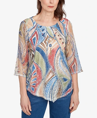 Alfred Dunner Petite El Paso Printed Leaf Textured Top with Necklace