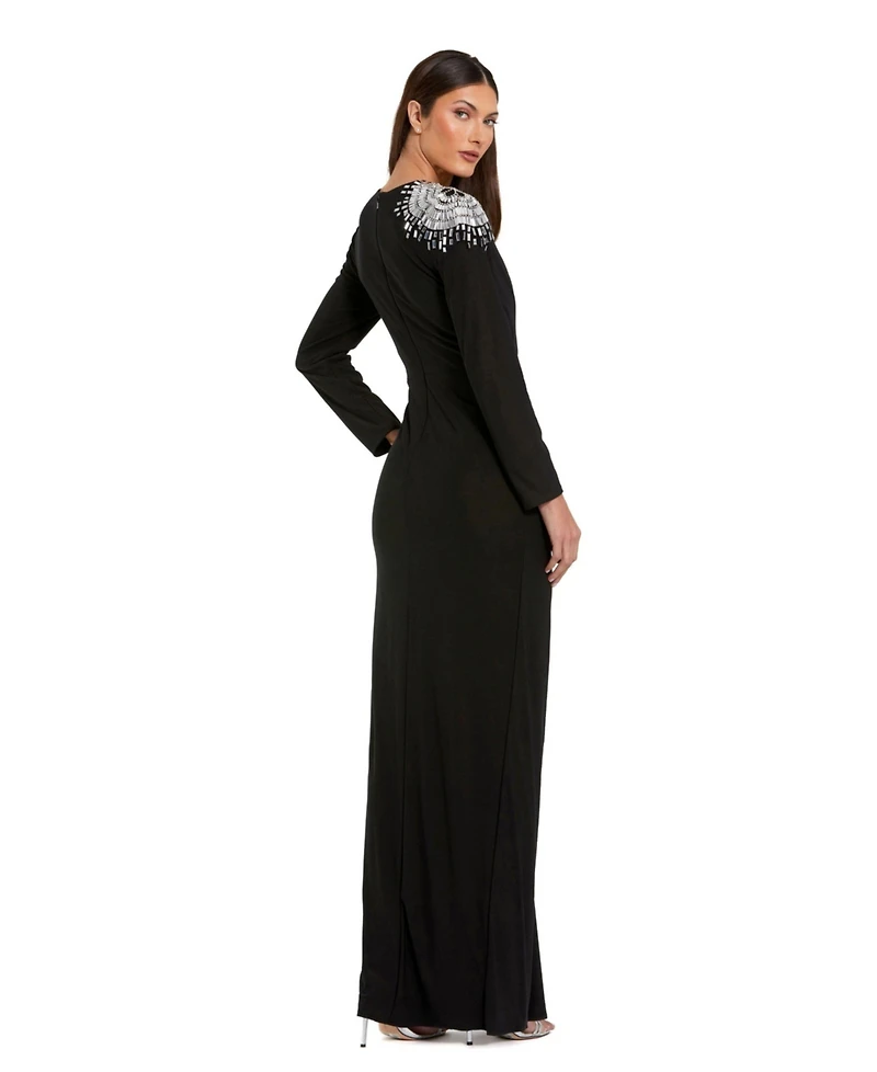 Mac Duggal Women's Jersey Long Sleeve Wrap Gown With Beaded Shoulder