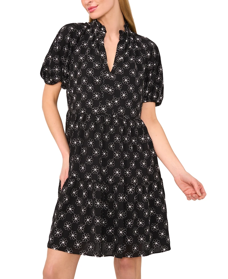 CeCe Women's Printed Puff-Sleeve Baby Doll Dress