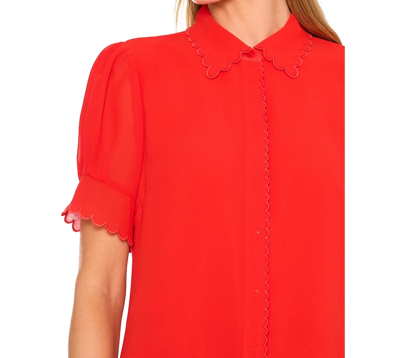 CeCe Women's Scalloped Puff-Sleeve Button-Front Top