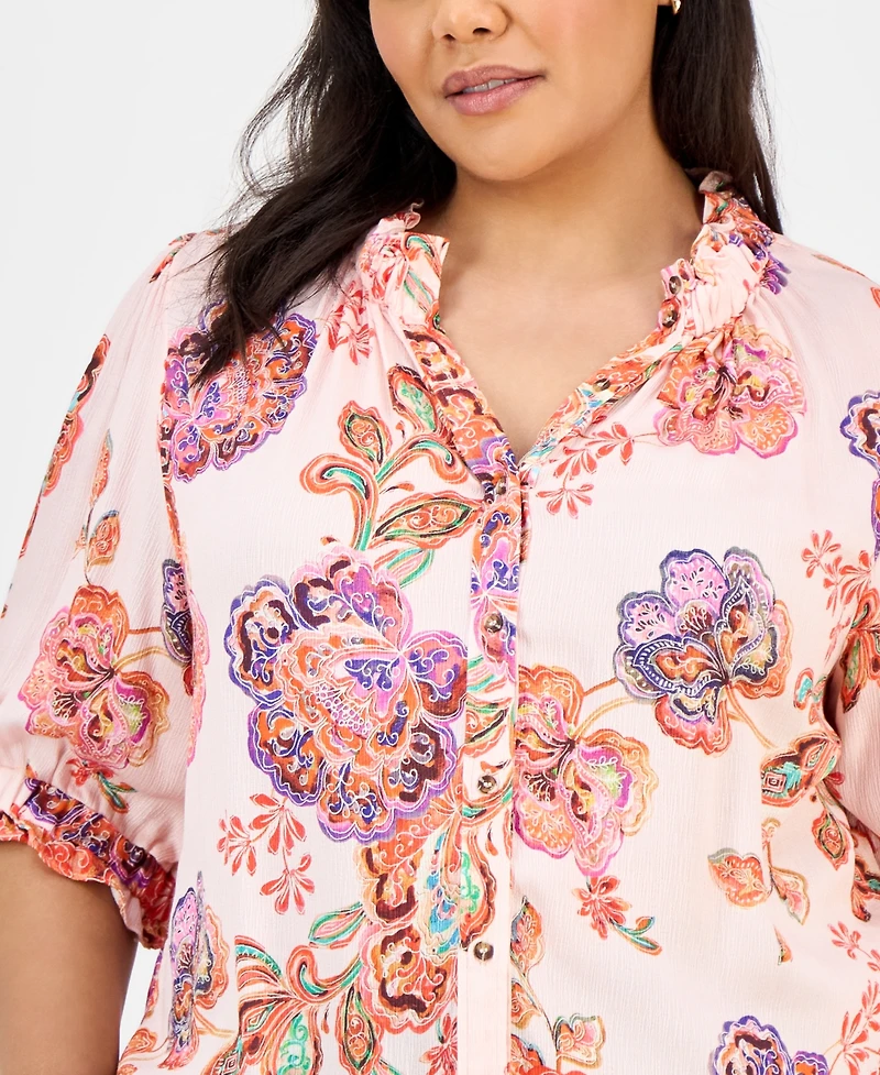 Democracy Trendy Plus Floral-Print Ruffle-Trim Blouse
