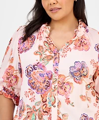 Democracy Trendy Plus Floral-Print Ruffle-Trim Blouse