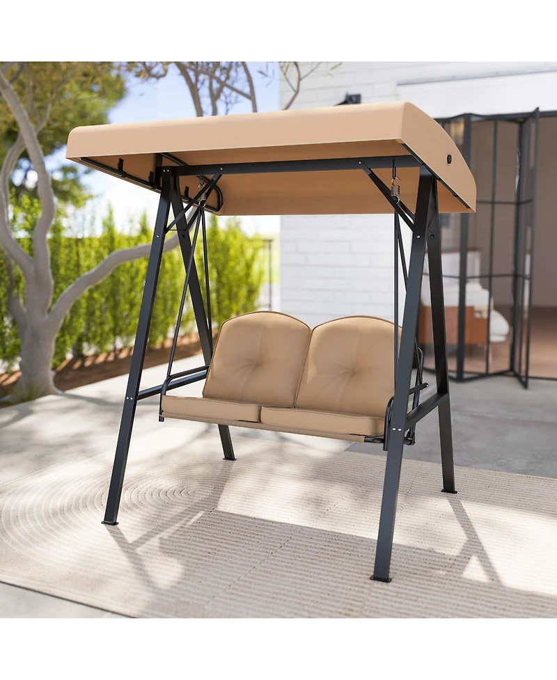 2-Person Outdoor Porch Swing with A-Shaped Metal Stand and Adjustable Canopy