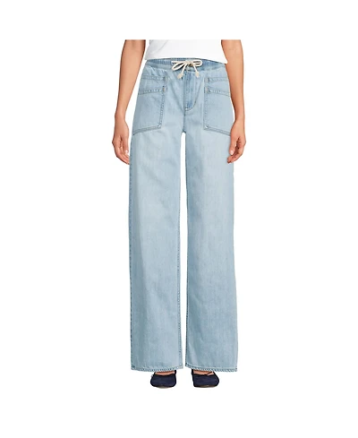 Lands' End Women's Lightweight Denim High Rise Relaxed Straight Pull On Pocket Jeans