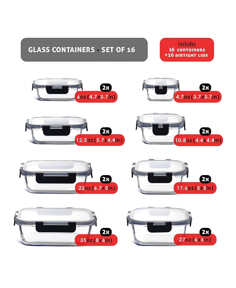 16 Airtight Leakproof Borosilicate Glass Food Storage Containers with Lids