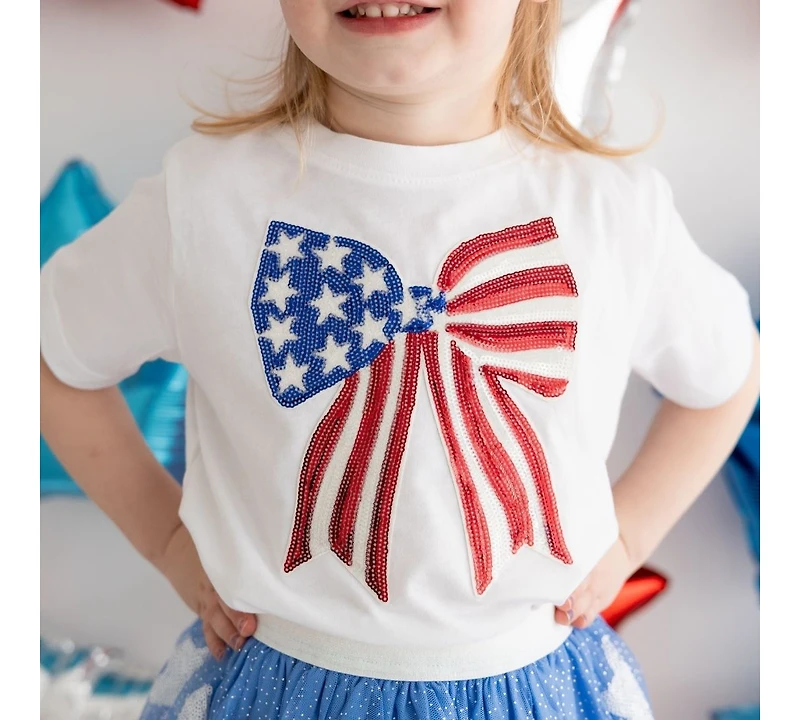 Sweet Wink Baby Girls Patriotic Sequin Bow Patch Short Sleeve T-Shirt