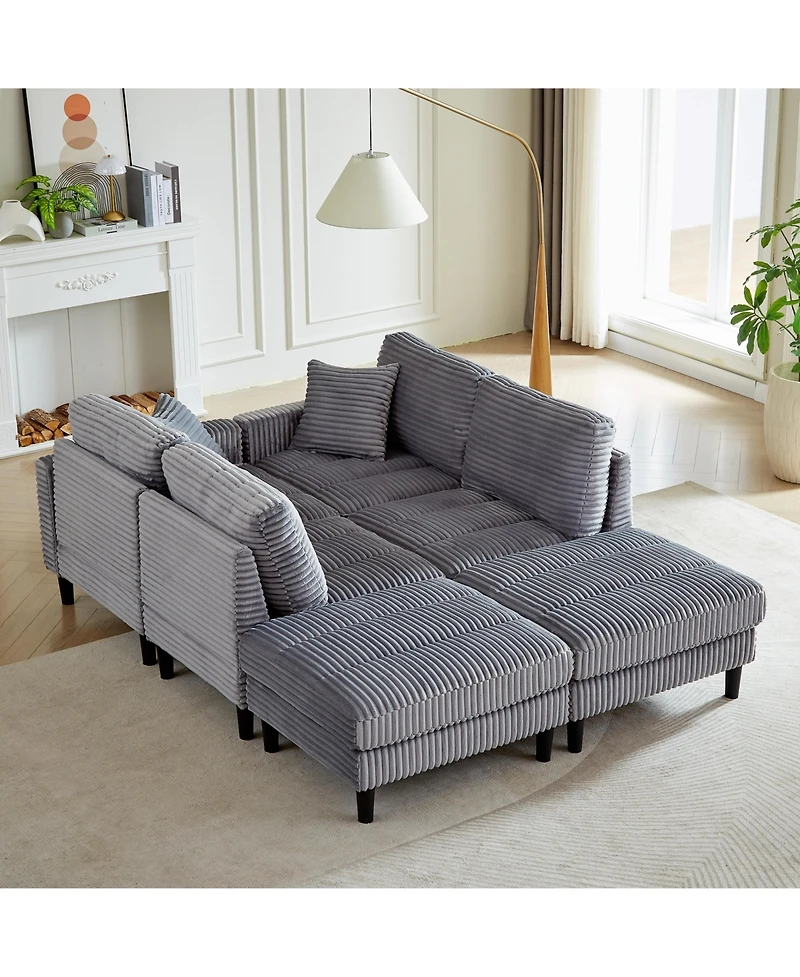 Streamdale 122.5" Oversized U-Shaped Sofa, Corduroy Fabric Sectional with Pillows & Ottomans, Grey