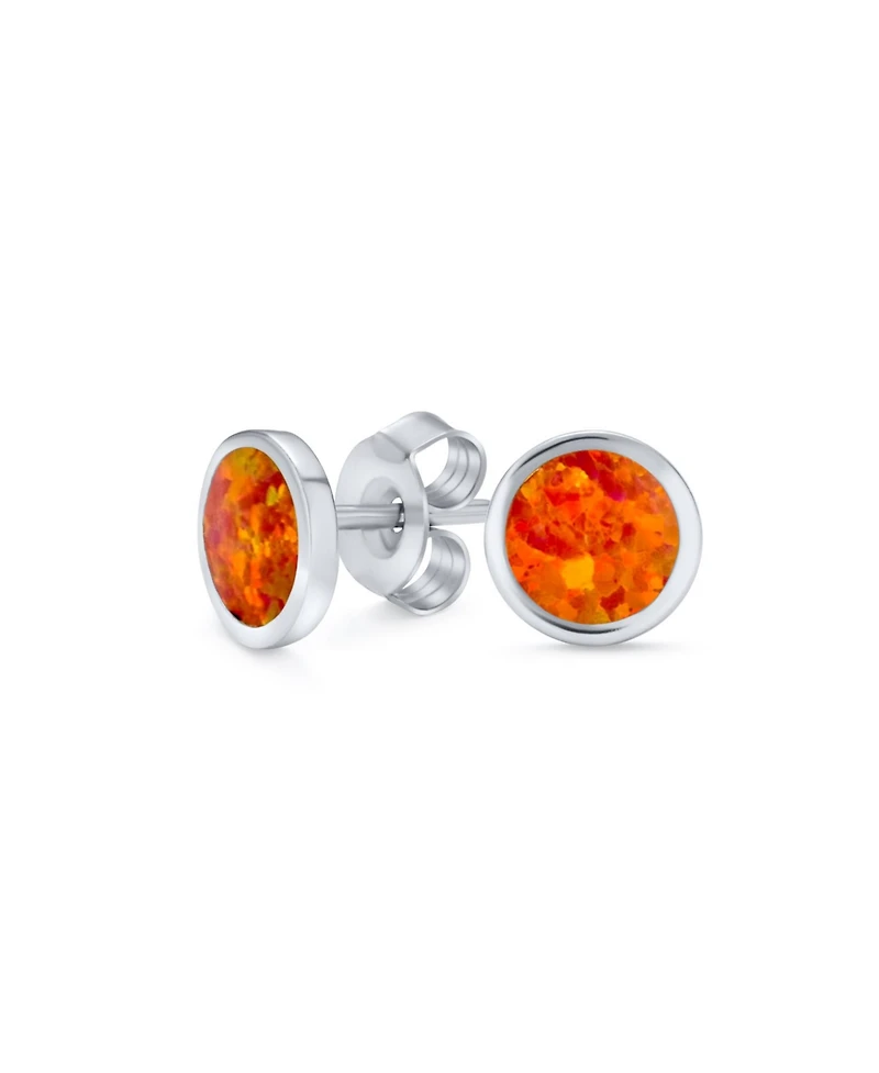Bling Jewelry Classic Iridescence Bezel Setting Flat Round Circle Created Orange Fire Opal Stud Earrings Gold Plated .925 Sterling Silver Small 5MM