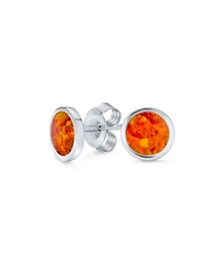 Bling Jewelry Classic Iridescence Bezel Setting Flat Round Circle Created Orange Fire Opal Stud Earrings Gold Plated .925 Sterling Silver Small 5MM