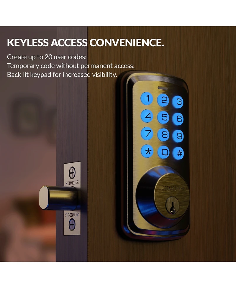 Zachvo Keyless Entry Deadbolt Lock, Electric Door Locks with Keypads and Emergency Charging Port, Satin Nickel