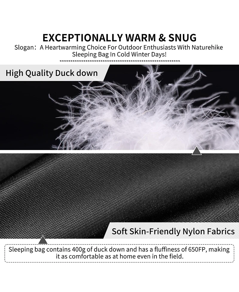 Naturehike Ultralight Down Sleeping Bag, 650FP, 3-4 Season, Adults, 32-42, Waterproof, Compact, Camping, Hiking
