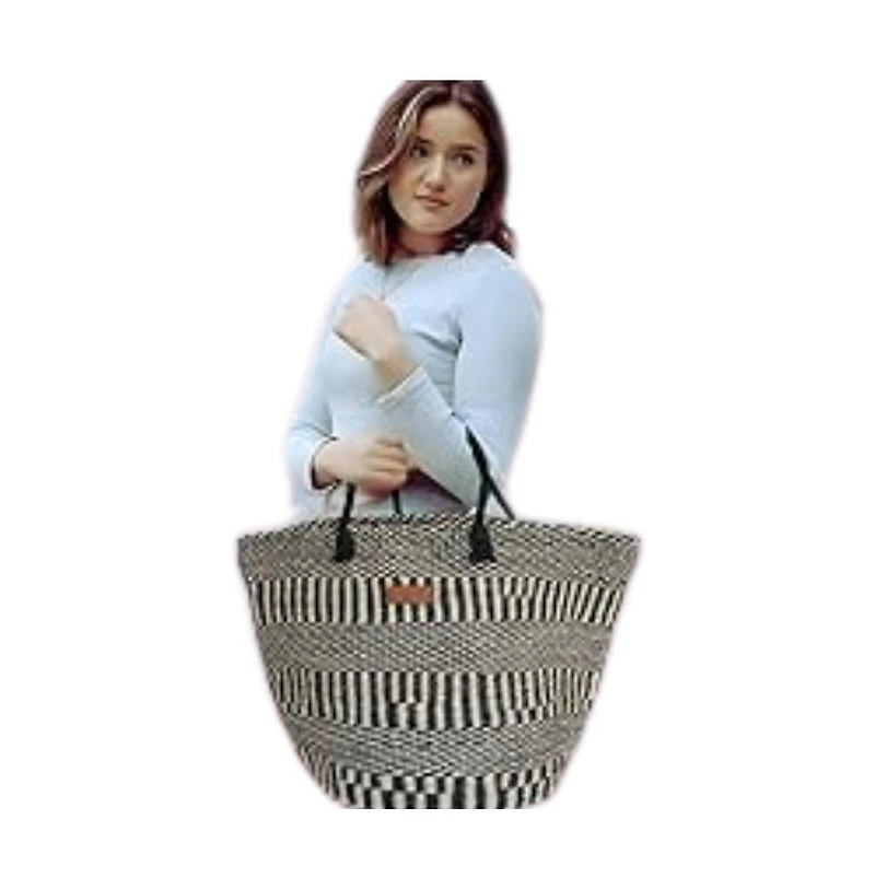 Balance Stripes Handmade Sisal Beach Market Sustainable Straw Basket Tote Bag