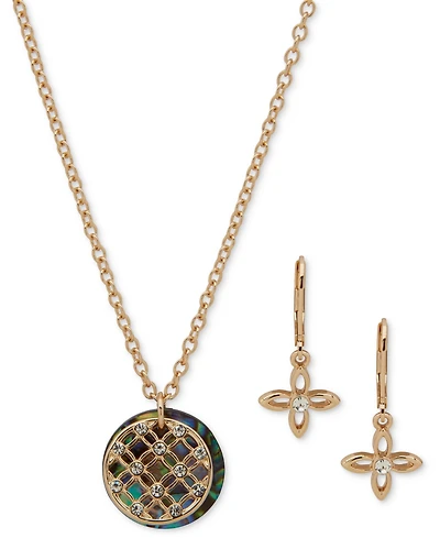 Anne Klein Gold-Tone Pave Filigree & Mother-of-Pearl Disc Pendant Necklace Drop Earrings Set