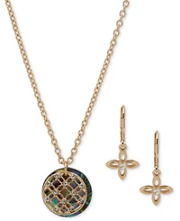Anne Klein Gold-Tone Pave Filigree & Mother-of-Pearl Disc Pendant Necklace Drop Earrings Set