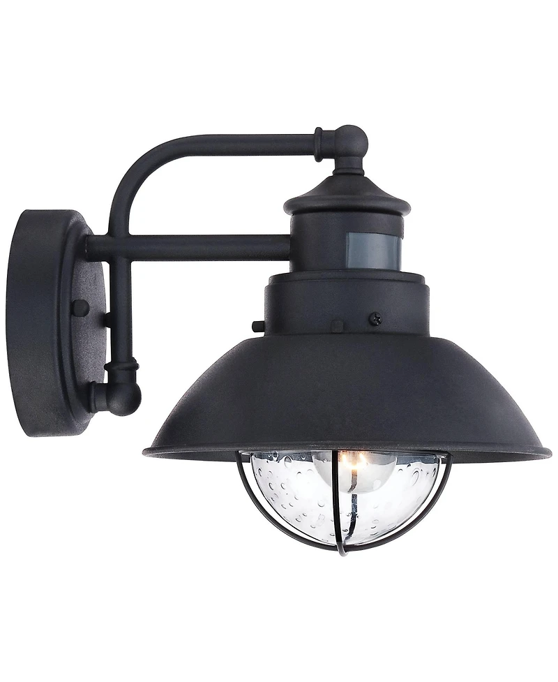 Oberlin Rustic Industrial Farmhouse Outdoor Barn Light Fixtures Set of 2 Black Dusk to Dawn Motion Sensor 9" Clear Seedy Glass for Exterior Deck
