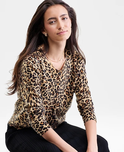 Charter Club Women's 100% Cashmere Leopard-Print Crewneck Cardigan, Macy's Exclusive