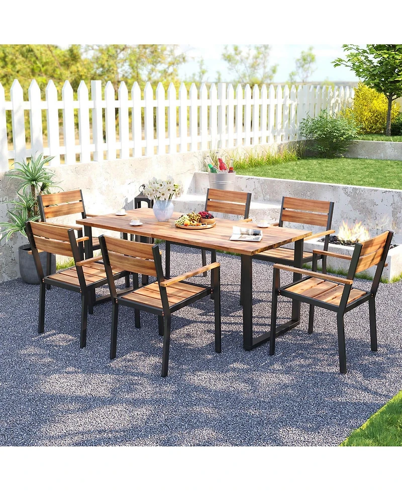 7 Pcs Acacia Wood Patio Dining Set 6 Armchairs and 69" Table with 2" Umbrella Hole