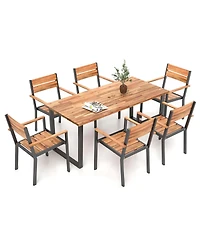 7 Pcs Acacia Wood Patio Dining Set 6 Armchairs and 69" Table with 2" Umbrella Hole