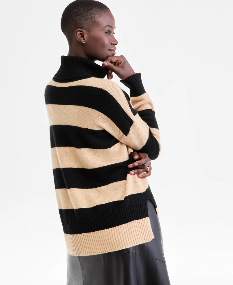 Charter Club Women's 100% Cashmere Rugby Stripe Step-Hem Turtleneck Sweater, Macy's Exclusive