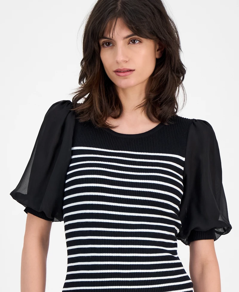 T Tahari Women's Striped Puffed-Sleeve Ribbed Top
