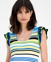 T Tahari Women's Striped Flutter-Sleeve Scoop-Neck Top