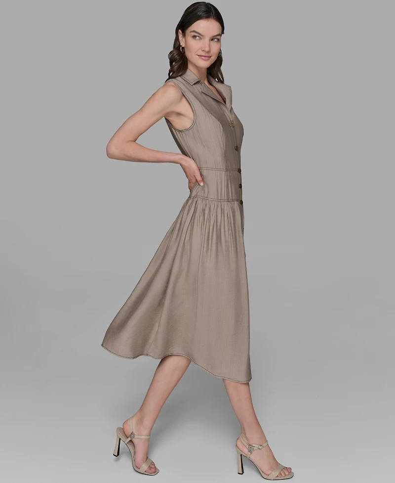 Karl Lagerfeld Paris Petite Notched Collar Sleeveless Midi Shirtdress