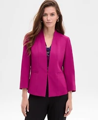 Kasper Womens Houndstooth Cap Sleeve Cowlneck Top One Button Seamed Slit Sleeve Jacket Fly Front Straight Leg Pants