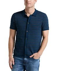 Perry Ellis Men's Jacquard Multicolor Short Sleeve Striped Button-Front Sweater