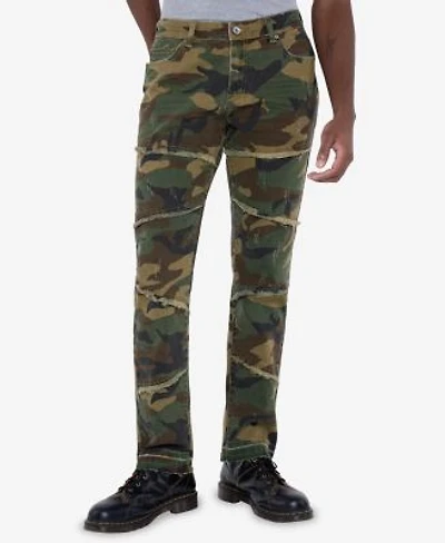 Mens Printed Pieced Fringed Stacked Jeans