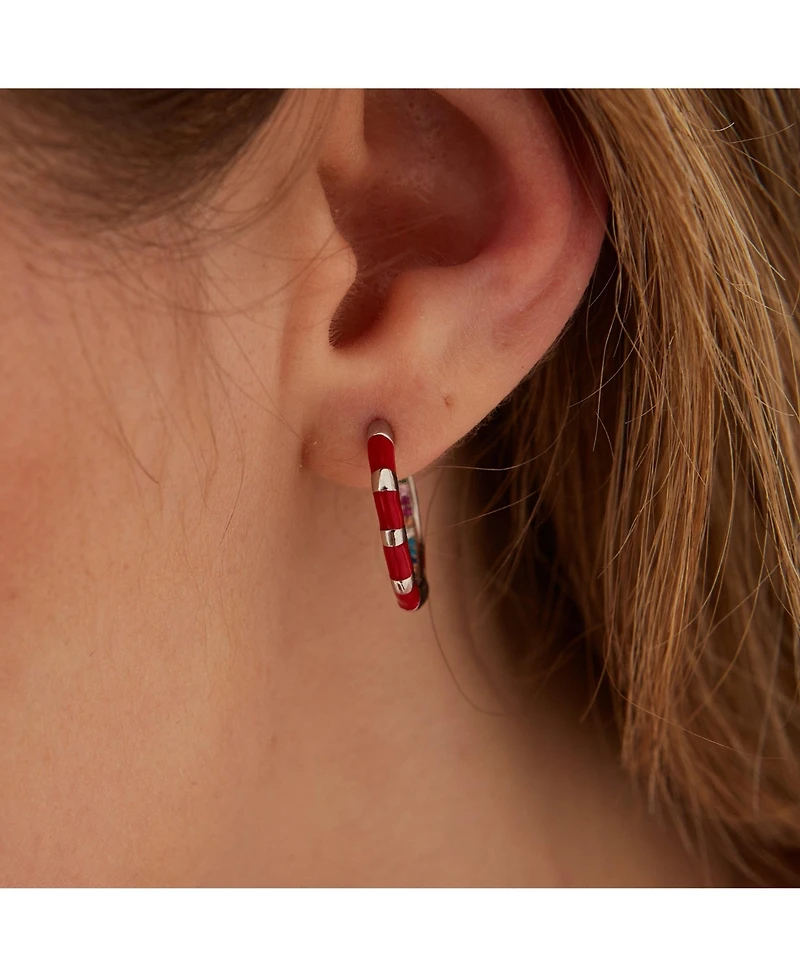 Spero London Enamel Red Fine Stripe Sterling Silver Hoop Earrings With Multi Color Zirconia Interior