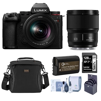 Panasonic Lumix S5II Camera with 20-60mm f/3.5-5.6 & 50mm f/1.8 Lenses Bundle with 128GB Memory Card, Shoulder Bag, Battery Pack, Filter Kit, Cleaning