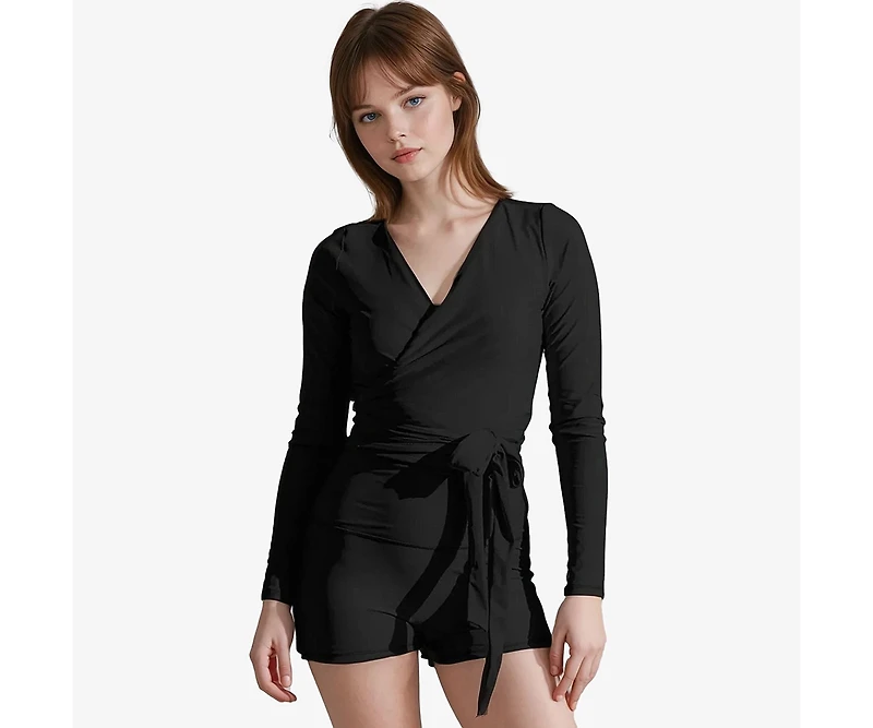 Calypsa Women's Avery 2-Piece Long Sleeve Wrap Swim Set With Reversible Top and Tummy Control Shorts