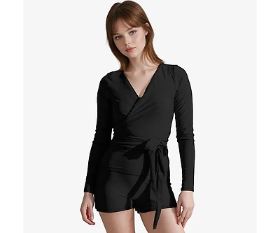 Calypsa Women's Avery 2-Piece Long Sleeve Wrap Swim Set With Reversible Top and Tummy Control Shorts