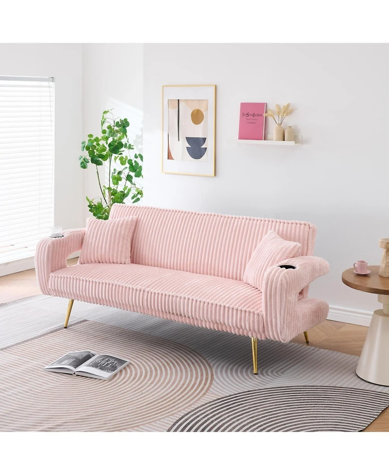 Streamdale White Corduroy Sofa with Pillows - Minimalist Living Room/Study