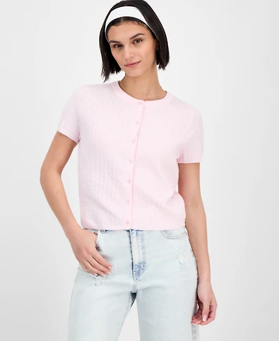 Freshman Juniors' Short-Sleeve Crewneck Cable-Knit Sweater